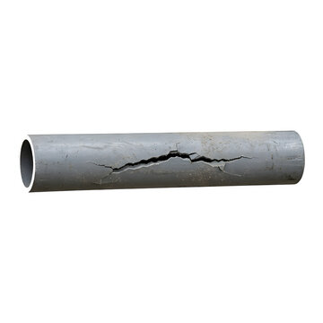 A damaged grey pvc pipe with a long longitudinal crack isolated on transparent background