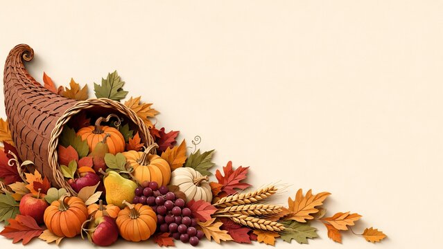 Thanksgiving Cornucopia with Autumn Harvest and Copy Space