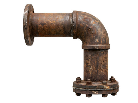 Old rusty metal pipe elbow with flanges isolated on transparent background