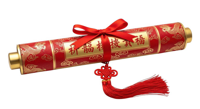 Red chinese scroll with gold trim isolated on transparent background