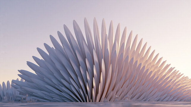 An abstract, futuristic architectural design with a wave-like structure, reminiscent of sharp white petals or scales, set against a soft, ethereal sky AI generative