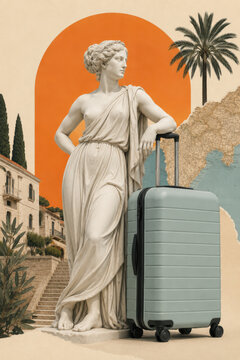Classical statue with travel suitcase on summer Mediterranean vacation abstract collage illustration