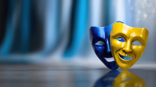 Two colorful theatrical comedy and tragedy masks in blue and yellow resting on reflective surface with blurred blue curtains in background symbolizing drama and emot