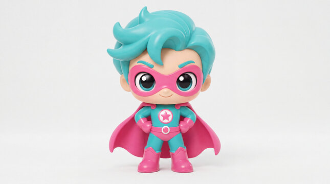 Cute 3D superhero with turquoise hair, pink mask, cape, teal suit, star emblem, pink boots, hands on hips