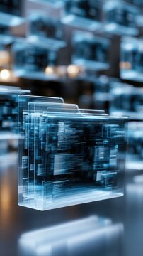 Transparent digital file folders stacked and floating in a futuristic data environment representing cloud storage and advanced information management systems