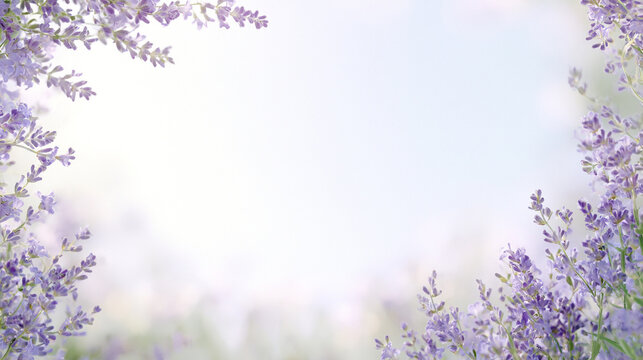紫のラベンダーが四隅を囲む癒しと香りを感じる初夏のフレーム背景
