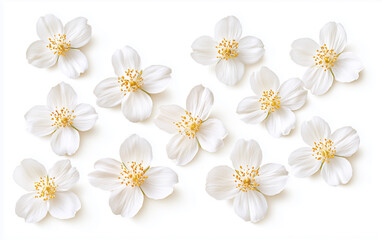 Fototapeta premium Beautiful jasmine flowers in air on white background