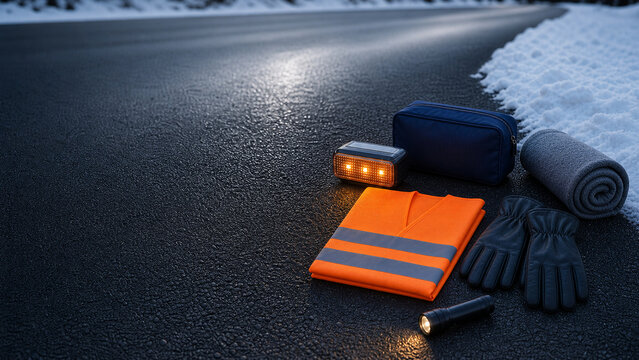 Roadside winter emergency kit with a high visibility vest, LED warning light, gloves and blanket on icy asphalt, 凍結した路肩の冬用緊急キット 反射ベストとLED警告灯と手袋