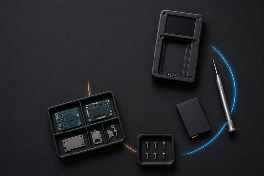 Disassembled electronic device with circuit boards, screws and precision driver in trays on a dark surface, 分解した電子機器と基板・ネジ・精密ドライバー 部品トレーと黒い作業面