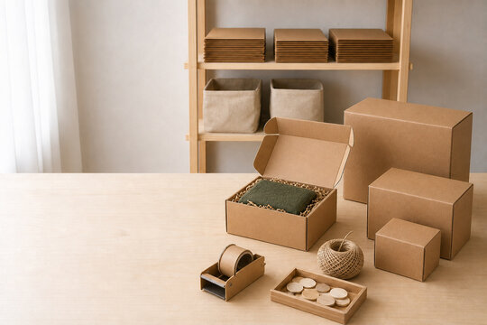 Small business packing station with kraft mailer boxes, tape dispenser and twine ready for holiday shipping, クラフト箱とテープカッターと麻紐の梱包作業台 年末の出荷準備