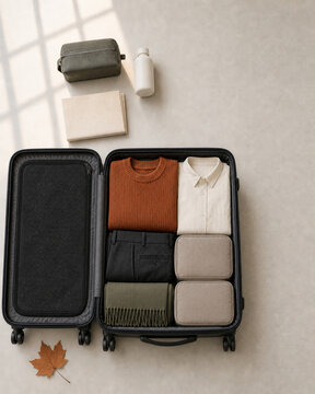 Overhead view of a carry on suitcase packed with autumn capsule wardrobe, packing cubes and travel bottle, 秋の服を詰めた機内持ち込みスーツケースの真俯瞰 パッキングキューブ