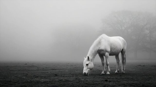 A white horse grazes in a field, shrouded by heavy fog. Trees are barely visible in the distance