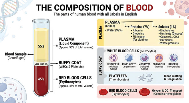 Human Blood Composition Infographic Showing Plasma, Red Blood Cells, White Blood Cells and Platelets