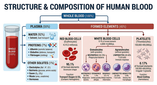 Structure and Composition of Human Blood Infographic Showing Plasma, Blood Cells and Platelets