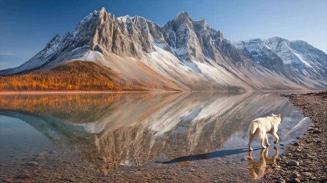 A white wolf stands in calm water with mountain reflection, vibrant foliage, clear skies