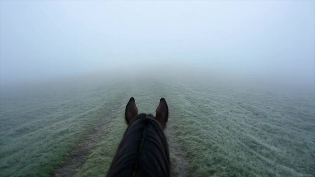 POV shot of a horse's ears and mane, obscured by fog over a field