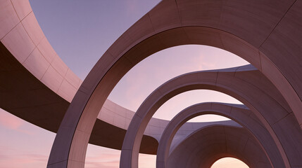 Fototapeta premium Modern concrete architectural arches creating a dramatic geometric design against a soft pink sky. The curves suggest movement and a sense of wonder AI generative