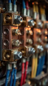 Detailed view of electrical copper busbar with multicolored insulated cables and heavy-duty bolts securing strong electrical connections in industrial equipment pane