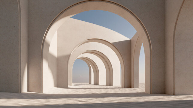 An endless corridor of arches bathed in warm sunlight, creating a serene and minimalist architectural scene AI generative