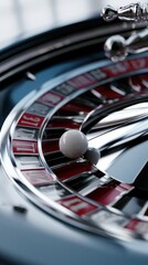 Obraz premium Roulette wheel with a white ball resting on a numbered slot, capturing the anticipation and excitement of a classic casino game in sleek metallic details