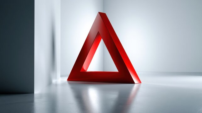 Shiny red three-dimensional impossible triangle sculpture casting soft reflections on a smooth white floor against a minimalist wall background