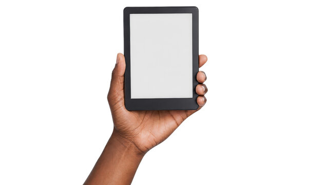 Hand Holding Ereader with Blank Screen on Transparent Background