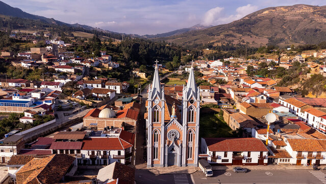 Corrales, Boyaca - Colombia. March 2, 2026. Panoramic drone view of the San Judas Tadeo Church.