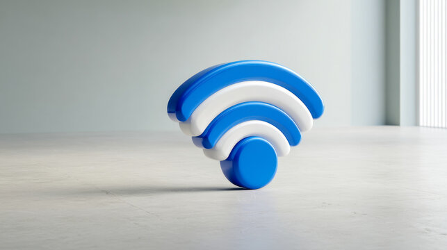 Modern blue and white wireless network symbol standing on a light floor in a spacious room with soft natural lighting from a nearby window