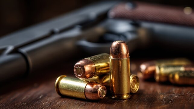 A pile of polished brass and copper cartridges resting on a wooden surface with a blurred revolver in the background, symbolizing firearm ammunition and security con
