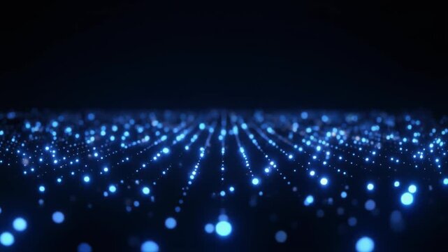 Blue glowing dot grid floor moving forward in dark digital space