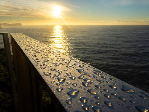 Sunrise light reflecting on rain droplets along a coastal lookout railing overlooking the Pacific Ocean at Clovelly, Sydney, Australia.
