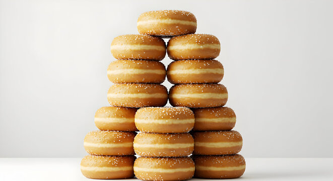 Sugar-Coated Donuts Stacked in a Pyramid on White Background