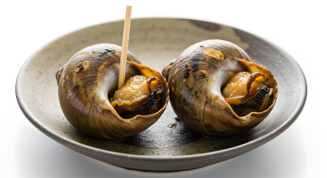 Two Grilled Sea Snails on a Dark Plate, Close-Up
