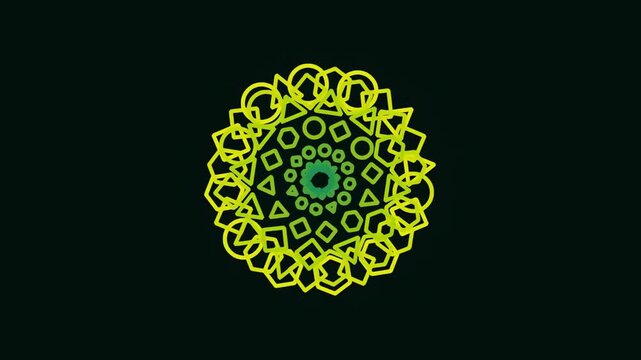 Abstract geometric mandala pattern with green neon lines on dark background