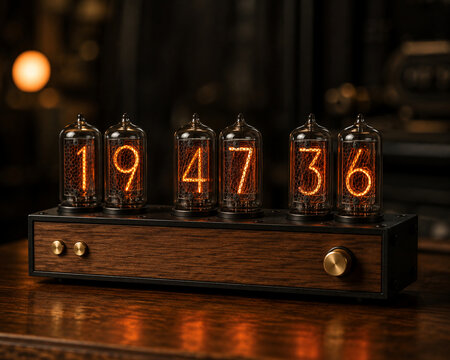 Vintage nixie tube clock glowing on wooden desk