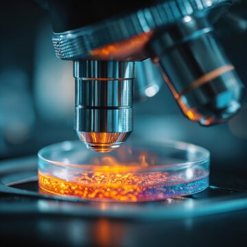 Scientific research through a microscope focusing on glowing orange samples within a transparent petri dish for advanced laboratory analysis and study