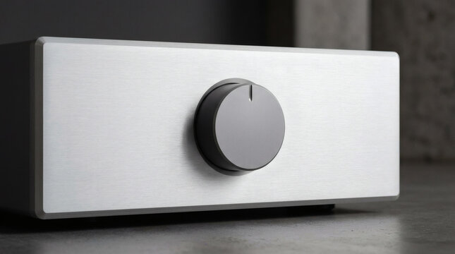 Premium minimalist audio amplifier matte aluminium volume knob detail high end sound equipment