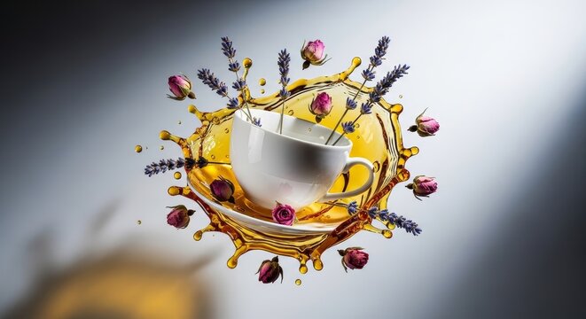 A delicate white porcelain teacup floats mid-air, surrounded by a glossy amber splash, dried rosebuds, and lavender in soft dramatic light, elegant, relaxation, dynamic