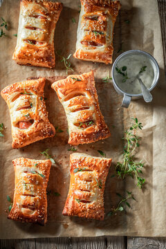 Fresh and delicious sausage roll as a snack for breakfast.