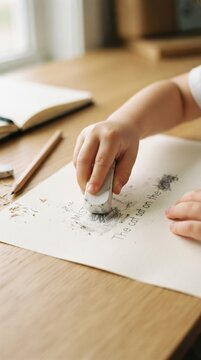 Young child erasing a pencil mistake on paper at a desk, learning and education concept