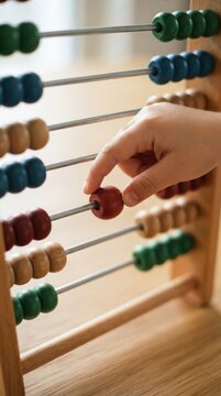 Child playing with wooden abacus counting beads learning mathematics concept education