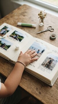 Young child making a photo album scrapbook at a wooden table with memories and pictures for creative crafting concept