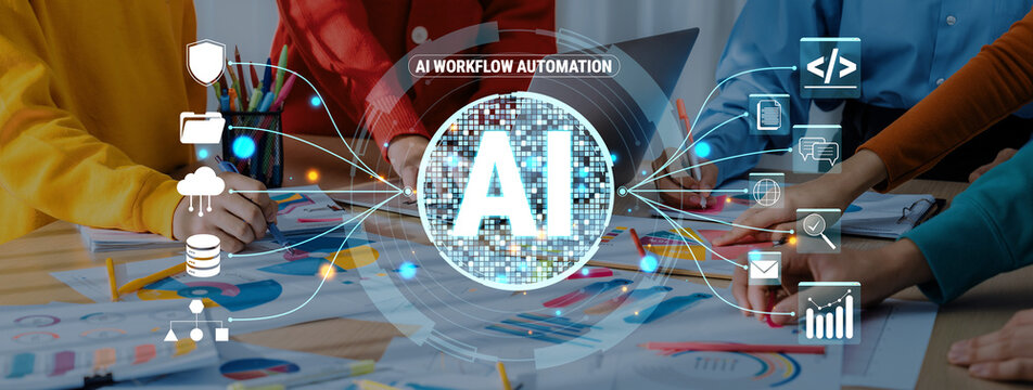 Collaborative Workshop on AI Workflow Automation with Diverse Professionals analyzing Data and Creating Strategies for Future Technology Implementation. Glyphic.