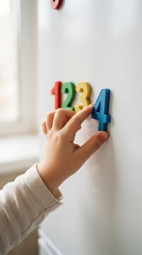 Toddler hand playing with colorful magnetic numbers on a refrigerator for early childhood education