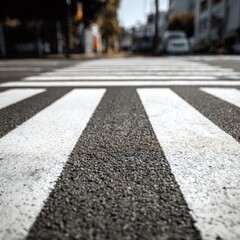 Obraz premium Low-angle view of an empty pedestrian crossing with bold white stripes on asphalt in a quiet city street during daytime with blurred background and soft sunlight