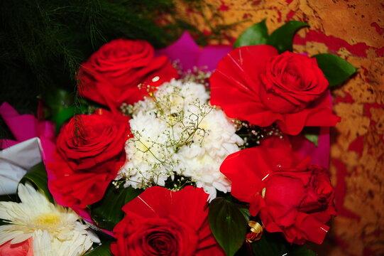 Red Roses and White Chrysanthemums in a Romantic Celebration Bouquet