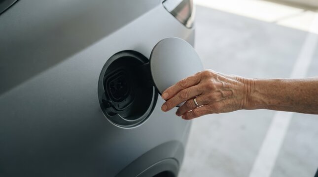 Senior woman opening charging port flap of modern electric car in parking garage