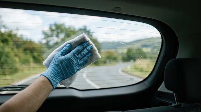 Person with blue gloves cleaning the rear window of a car interior with a cloth
