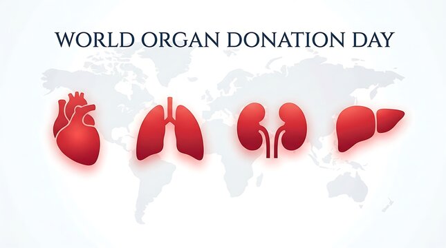 World Organ Donation Day - Heart, Lungs, Kidneys, Liver on World Map.
