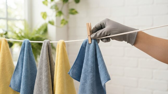 Person wearing gloves hanging colorful microfiber cleaning cloths on a laundry line with a wooden clothespin